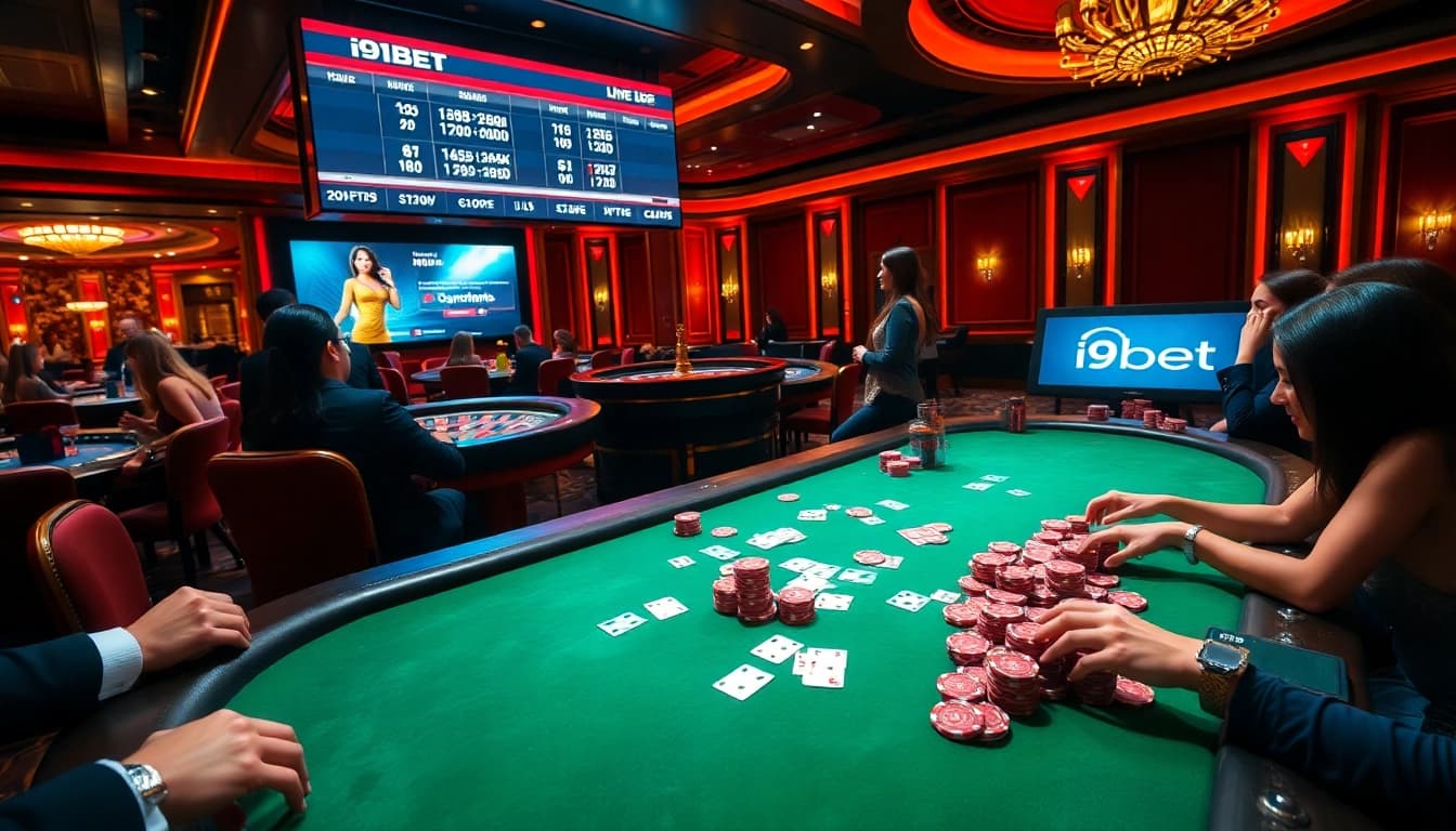 Experience the thrill of i9bet at a luxurious casino table with vibrant poker action.