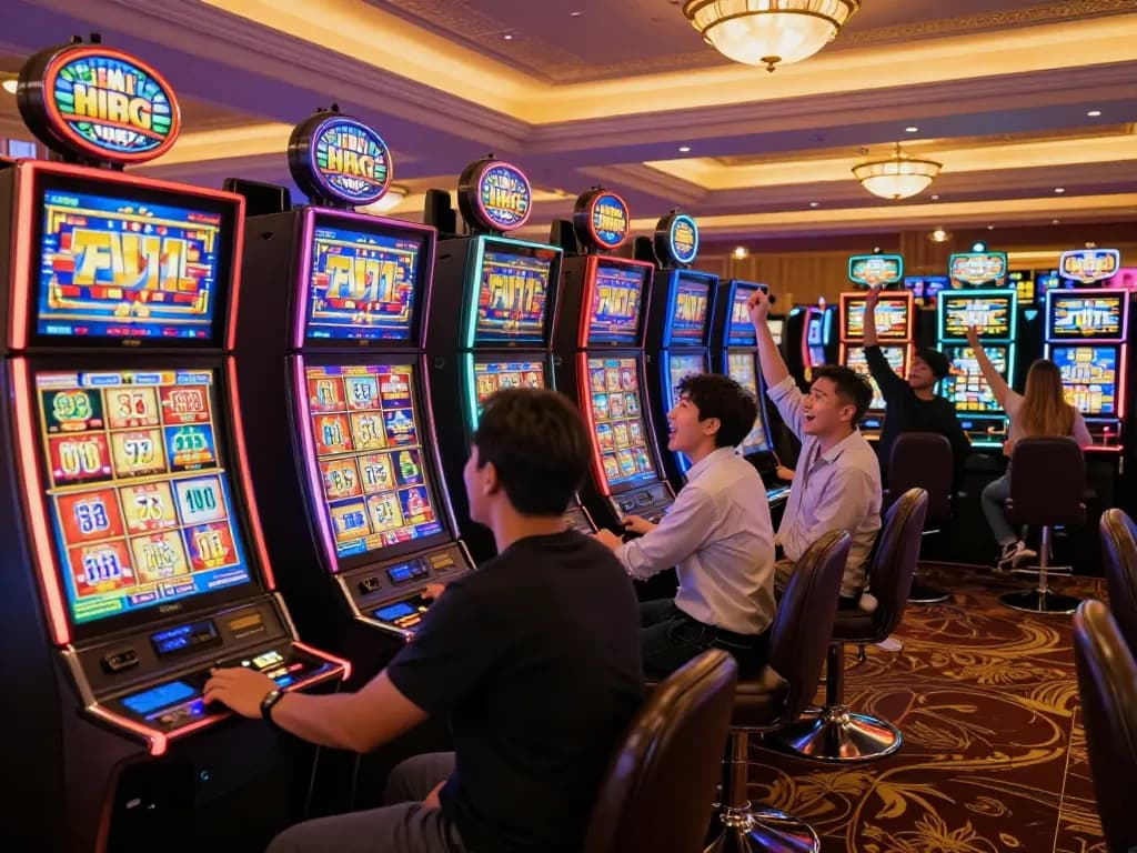 Players enjoying vibrant slot777 machines in a lively casino, with excitement and wins being celebrated.