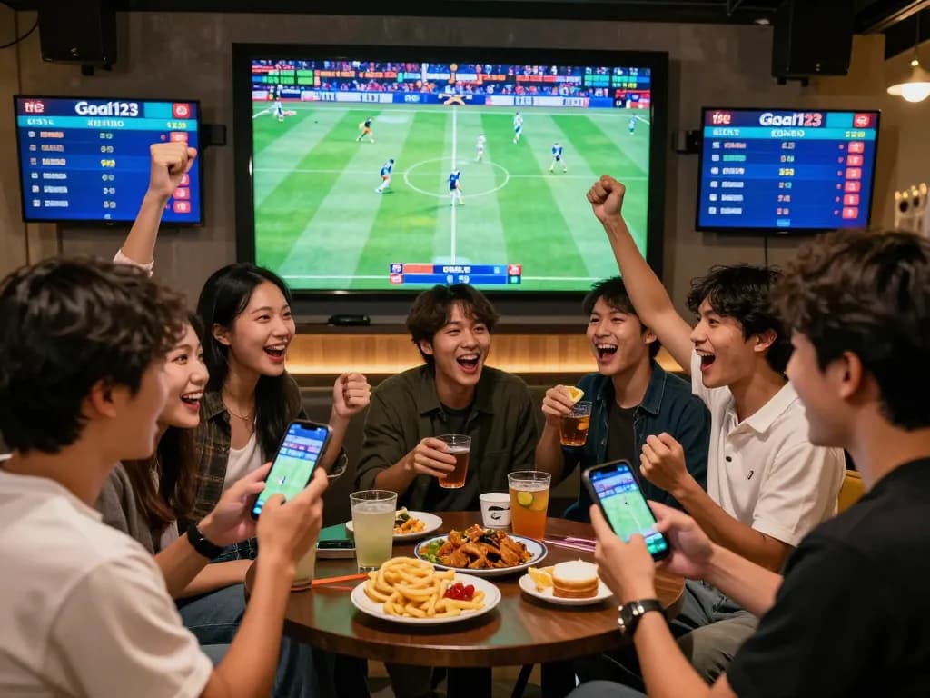 Exciting gathering for sports betting on thể thao Goal123 platform, friends cheering for teams in vibrant lounge.