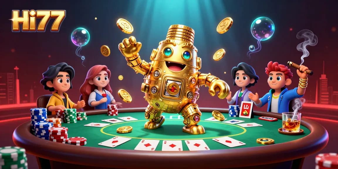 Engage in thrilling gameplay at HI77, featuring a golden golem among vibrant poker elements.