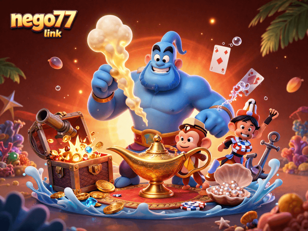 Engage in online games with the vibrant nego77 link showcasing Genie, monkey, and poker chips.