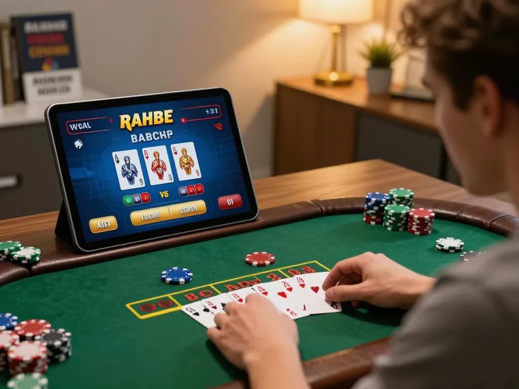 Player interacting with nhà cái 88aa blackjack game on a tablet in a cozy home office setting