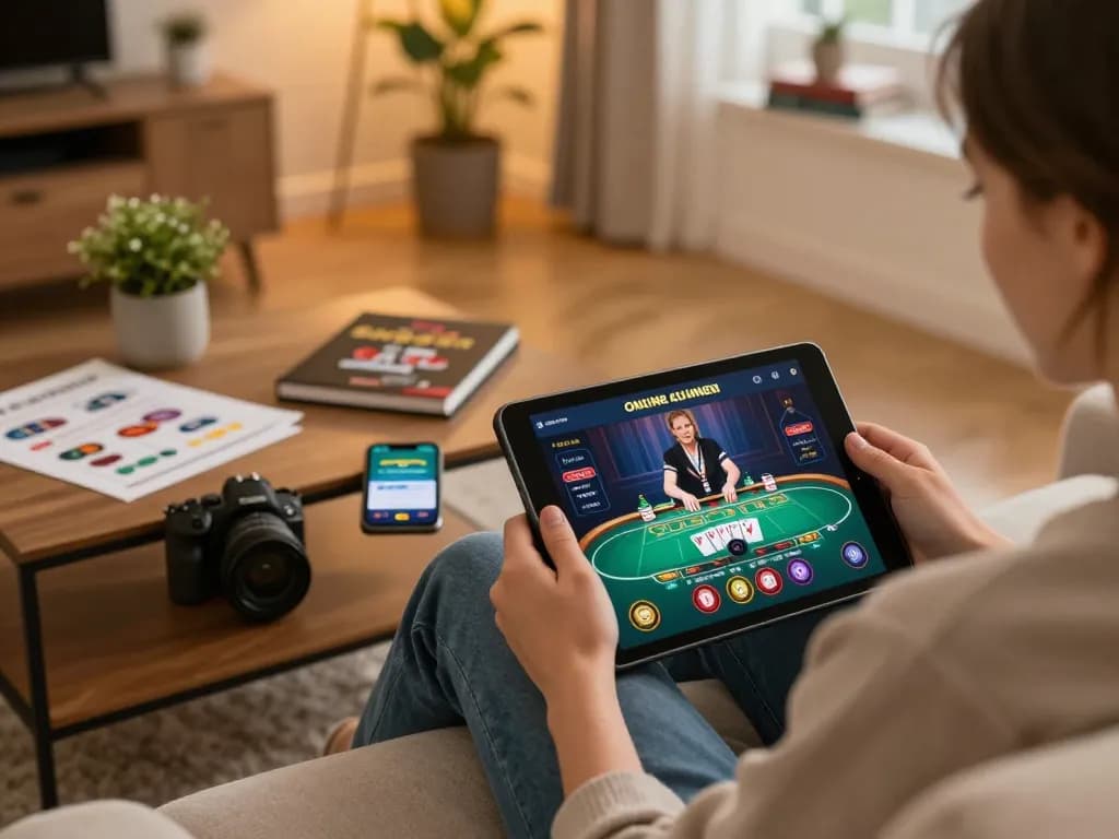 Engaging in online gambling with 789win app on tablet while relaxing at home