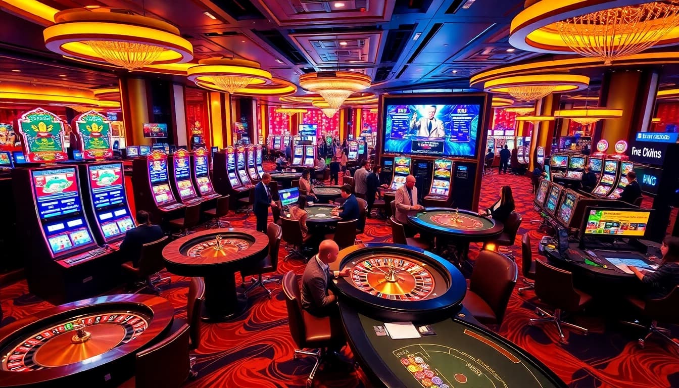 Experience the excitement of free credit 918kiss at a vibrant casino scene filled with players and gaming tables.