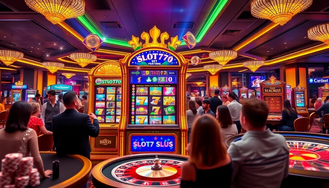 Engaged players winning big at slot777 slot machines in a vibrant casino atmosphere.
