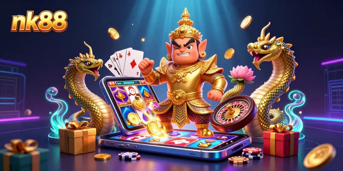 Experience nk88 exhilarating gameplay with a vibrant scene of thrilling slot wins and animated casino elements.
