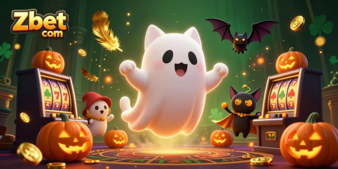 Zbet com showcases playful ghost cat and vampire bat in a vibrant haunted casino scene.