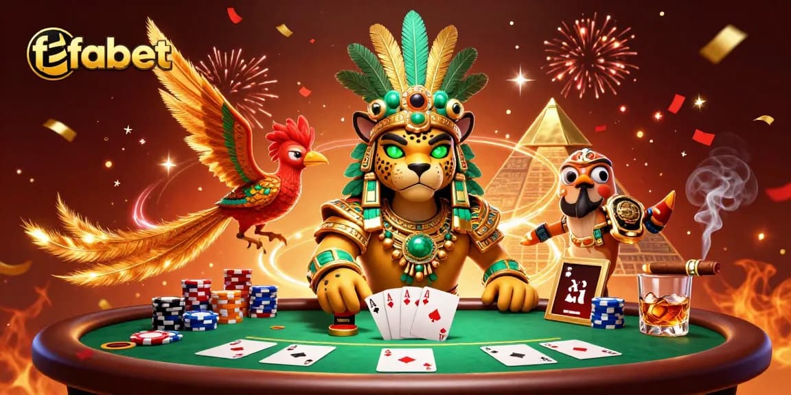 Engage with fabet's dynamic poker scene featuring a Mayan priest and vibrant casino elements.