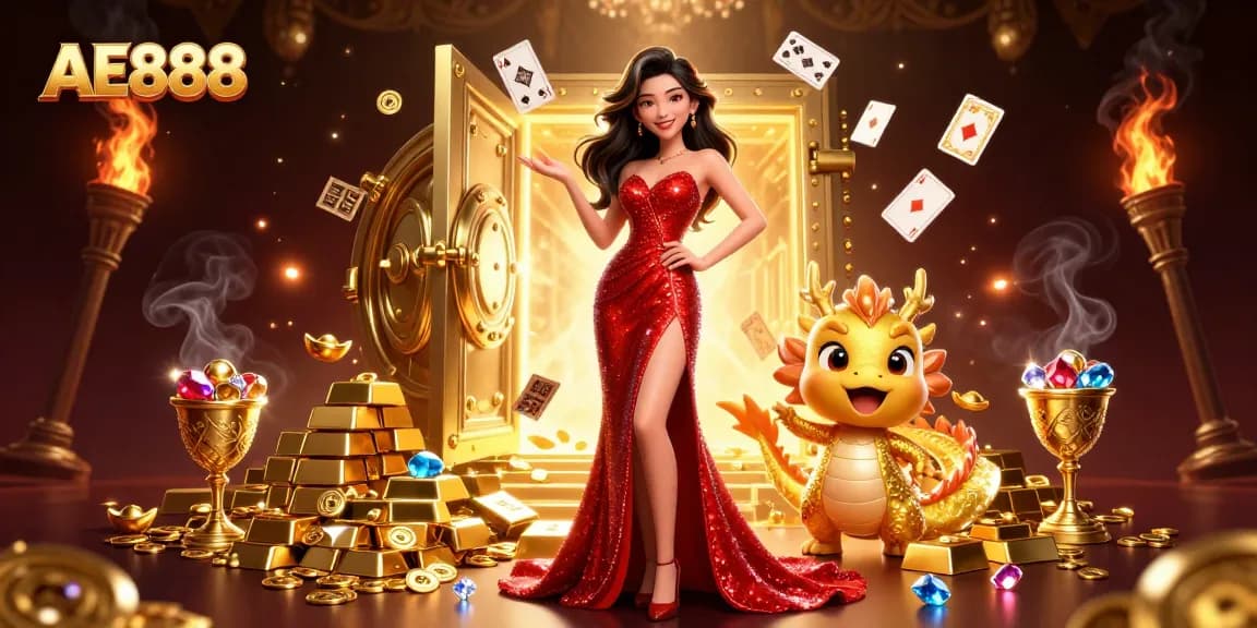 A captivating scene showcasing AE888 with vibrant Asian woman and a golden dragon mascot in a dynamic casino setting.