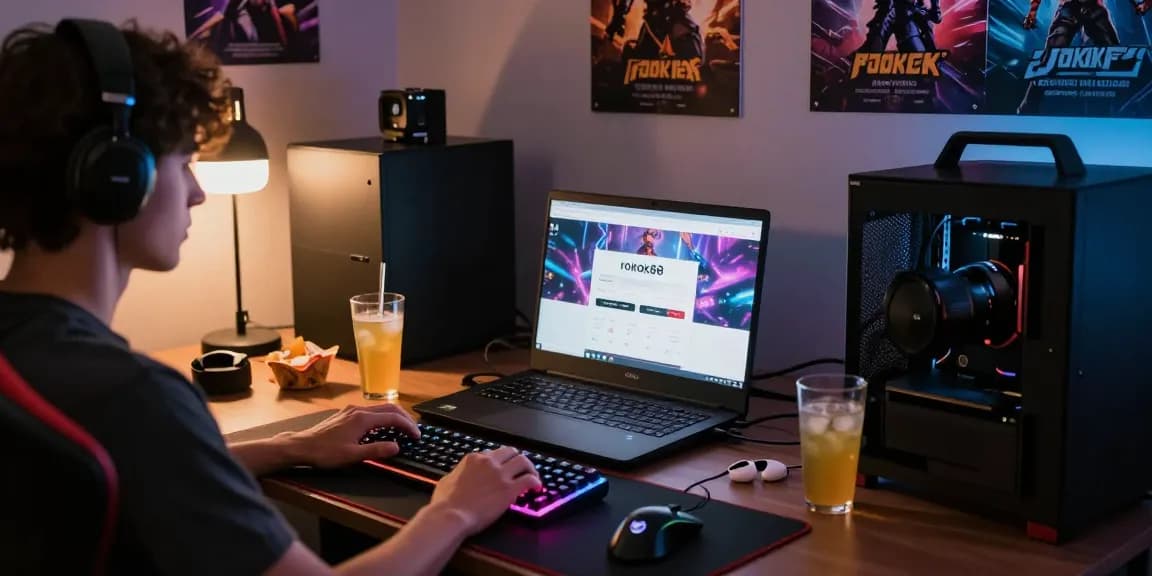 Engaging gaming scene depicting rokok88 login on a laptop among accessories.