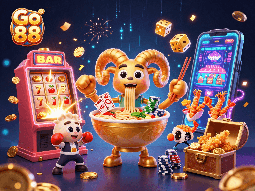 Engage with Go 88's thrilling animated casino world featuring a giant ramen bowl dealer amidst a jackpot explosion.