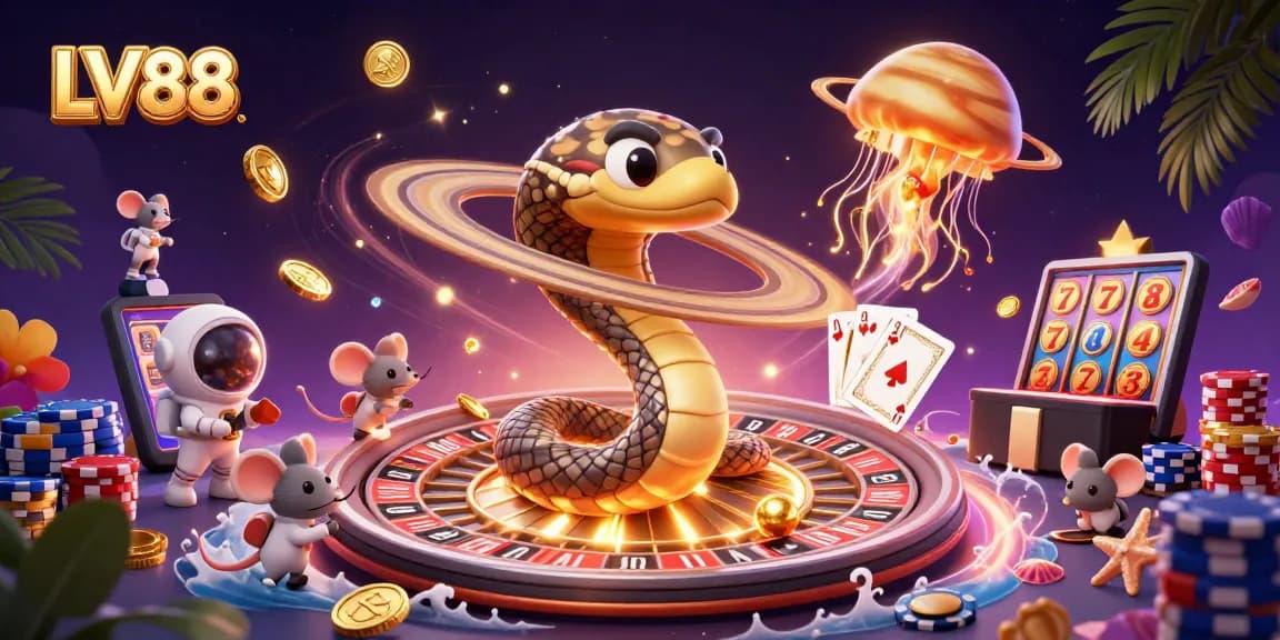 Experience thrilling LV88 gameplay with cartoon characters around a cosmic roulette wheel.