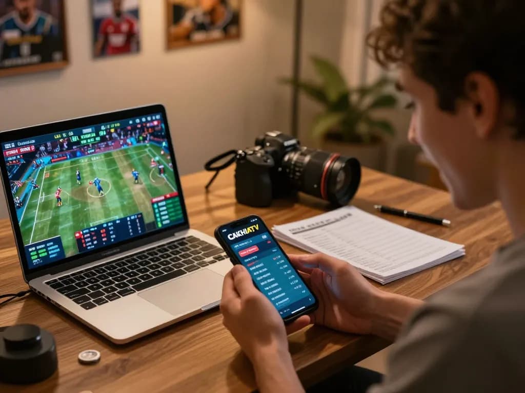 Engaged user placing bets on CAKHIATV smartphone while studying sports stats and strategy notes.