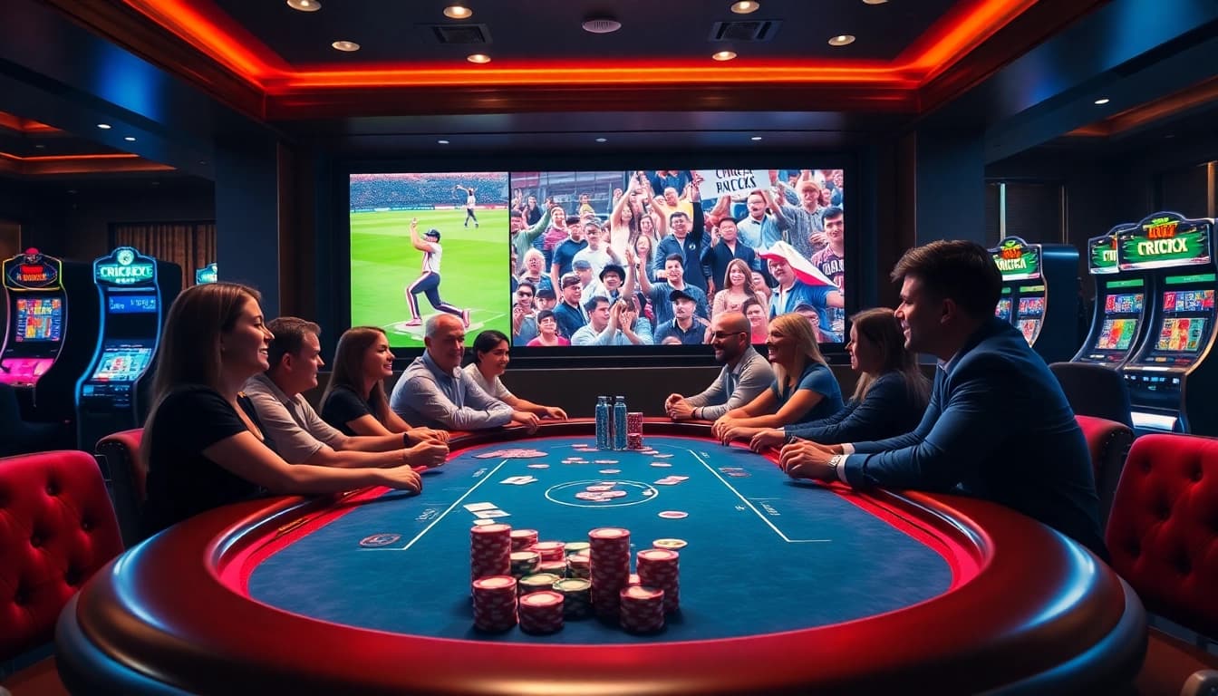 Engaging fans placing bets on Crickex with vibrant casino elements and a live cricket match backdrop.