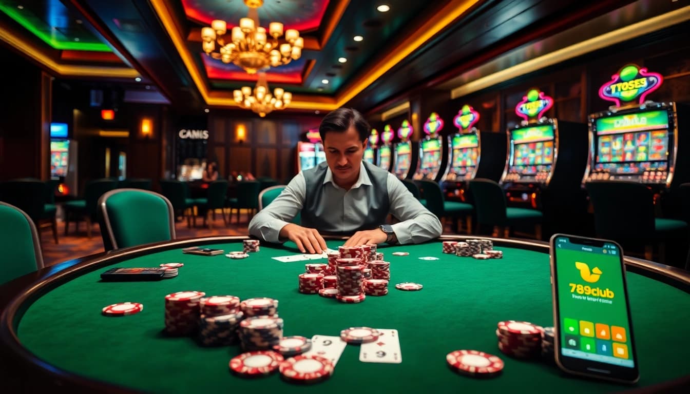 Experience the thrill of 789club poker with vibrant chips and cards at an exciting casino table.