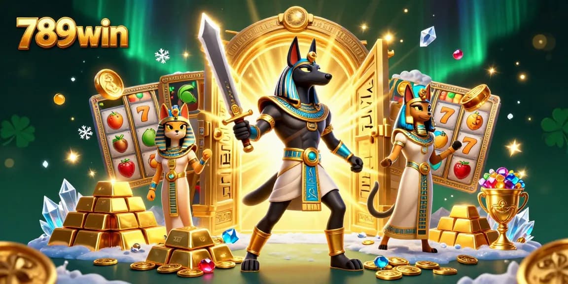Play and win at 789win with Anubis and Bastet among treasures in this vibrant casino scene.