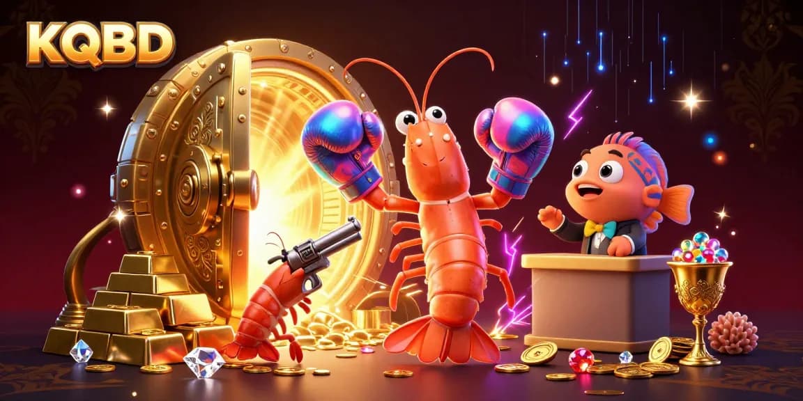 KQBD showcases a vibrant scene with a mantis shrimp champion and gold treasures in a 3D dynamic casino setting.