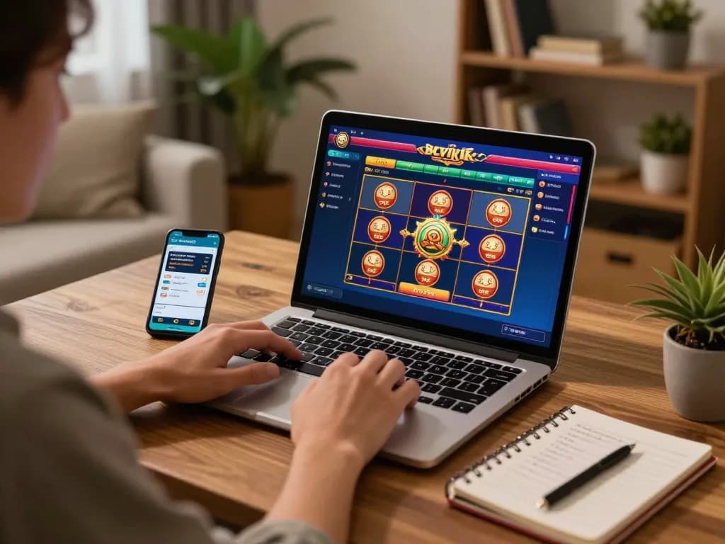 Player enjoying online slots at gg88 com in a cozy home gaming setup with laptop and strategies.