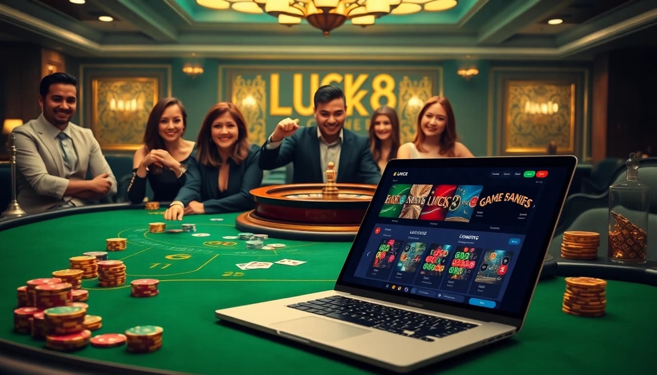 Experience the thrill of Game LUCK8 at a vibrant casino scene with poker and roulette.