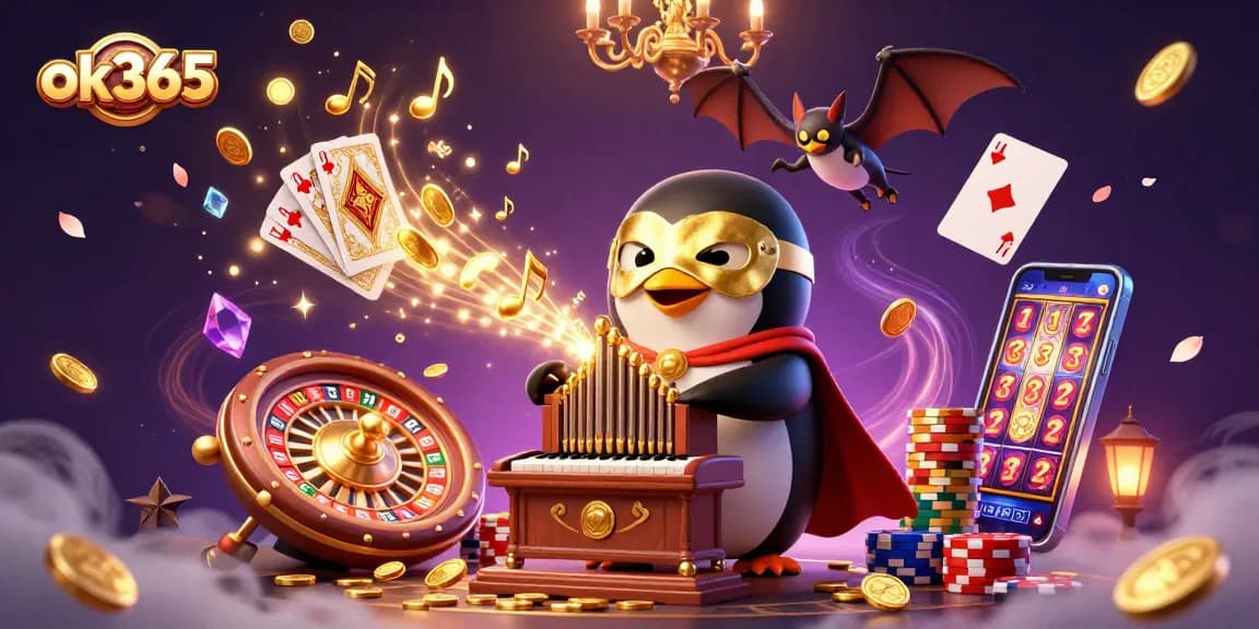 Experience thrilling winnings with ok365, featuring a penguin playing an organ amidst flying coins and roulette.