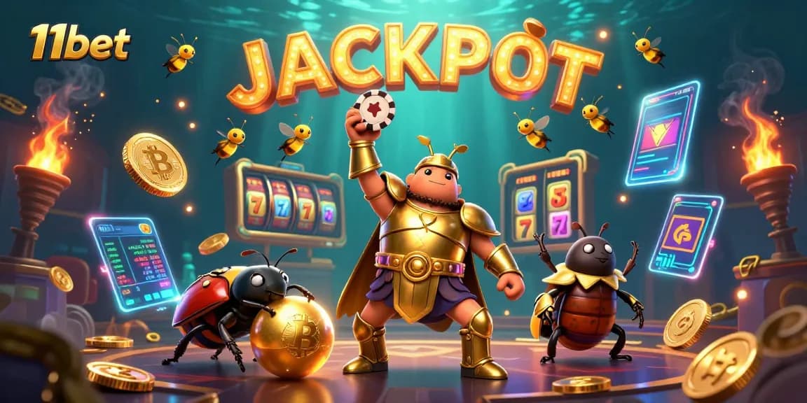 11bet features a victorious hercules beetle lifting a poker chip in a vibrant casino scene.