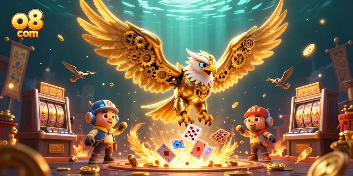 Engage in thrilling gameplay with o8 com's vibrant casino scene featuring a cybernetic golden eagle.