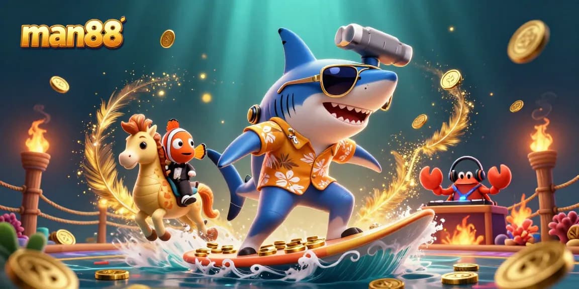 Experience thrilling wins at man88, where a hammer-head shark surfs on gold coins!