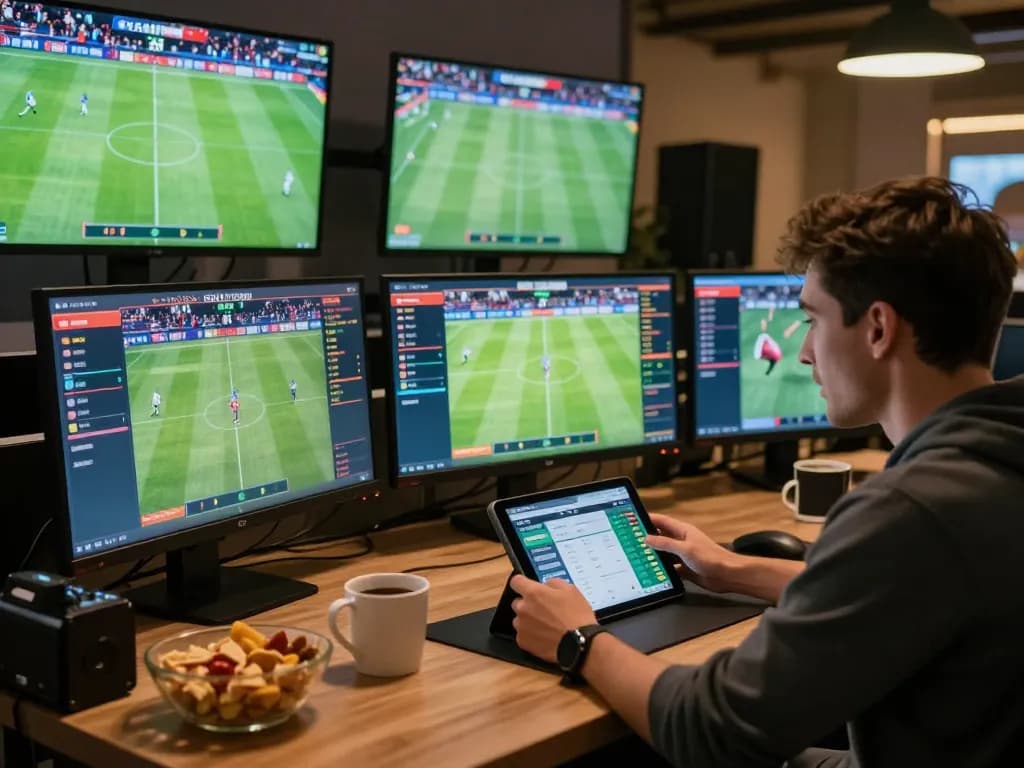 SOCOLIVE users engaging in real-time sports betting on multiple screens, showcasing an exciting betting atmosphere.