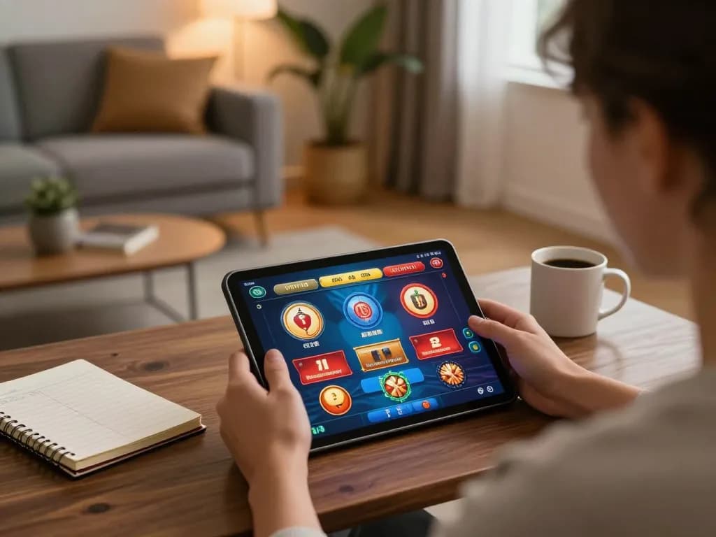 Engaging in online gaming at 壹發娛樂 on a tablet in a cozy home environment
