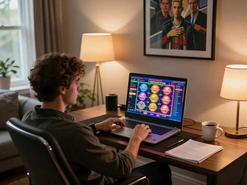 Online gambling at TR88 with a player enjoying a colorful slot game on laptop