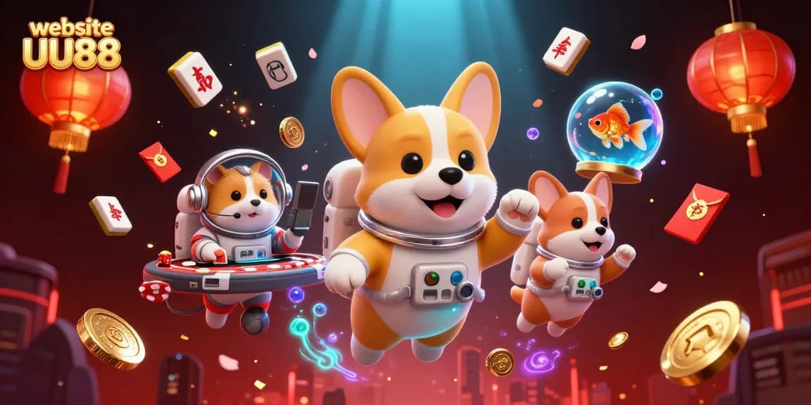 Engage with the thrilling world of gambling at website UU88 with a vibrant casino scene featuring a playful astronaut corgi.