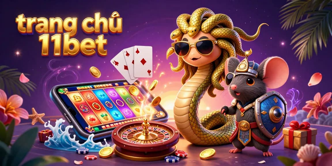 Play exciting casino games at trang chủ 11bet with vibrant 3D illustration showcasing Medusa and a warrior mouse.