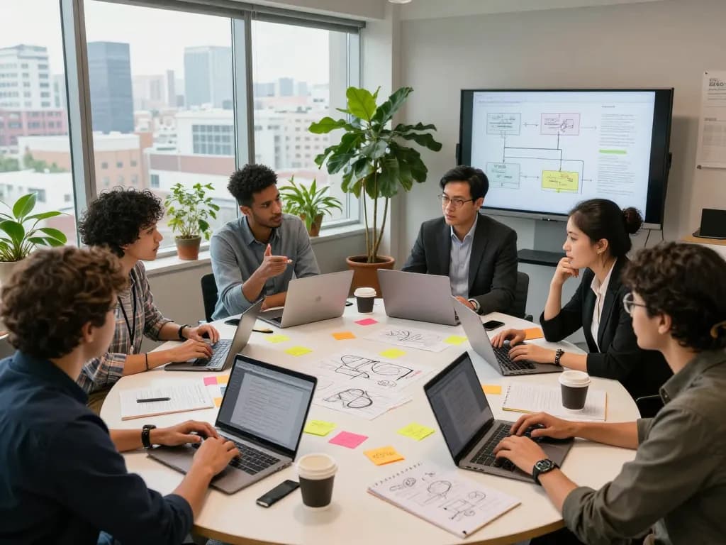 Collaborative business team at https://mb66.date/ discussing project ideas in a modern workspace.