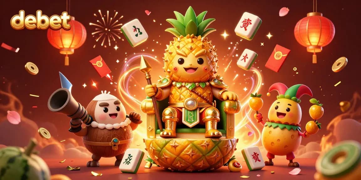Experience thrilling debet action with our 3D casino scene featuring a pineapple king and festive elements.