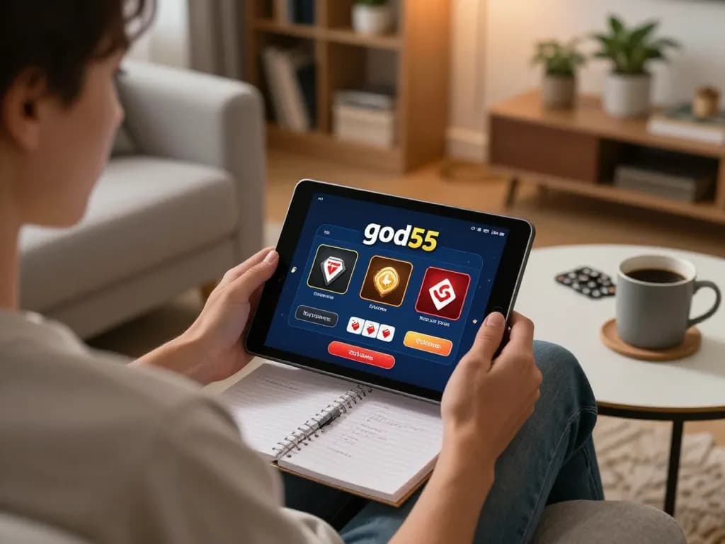 Engaging with the god55 casino on a tablet while enjoying a cozy home atmosphere.