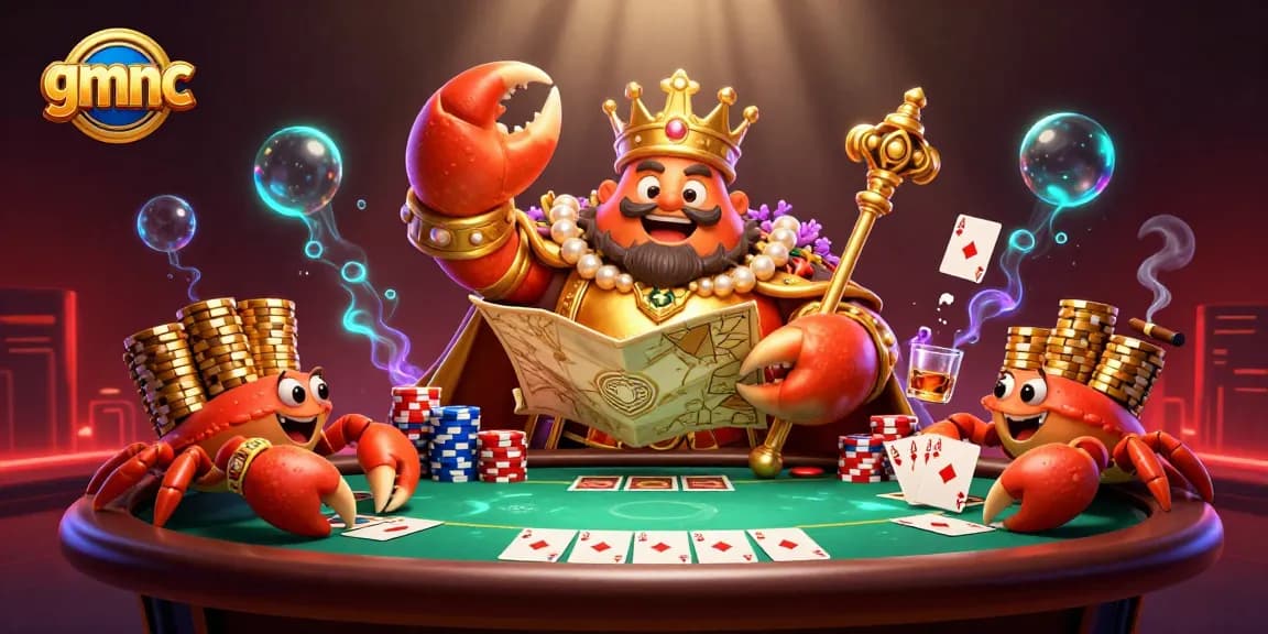 Gamble with gmnc's immersive 3D casino experience featuring a golden crab emperor surrounded by poker elements.