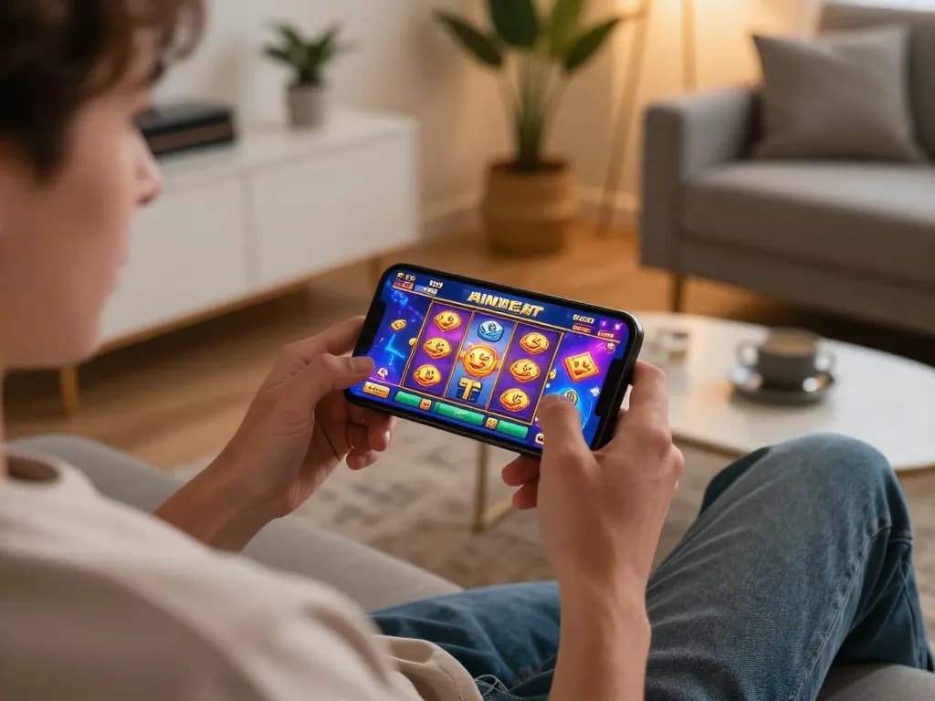 Player enjoying a mobile casino experience with gg88 on smartphone in a modern living room