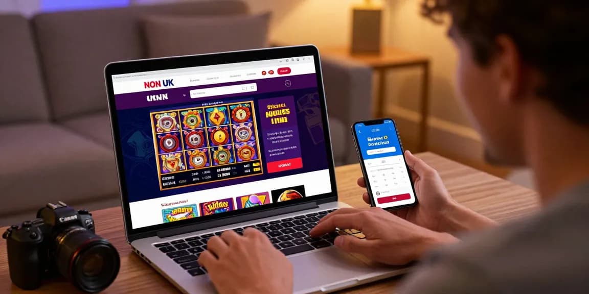 Engaging user interaction with non UK casinos on a laptop, showcasing colorful game variety and payment options.