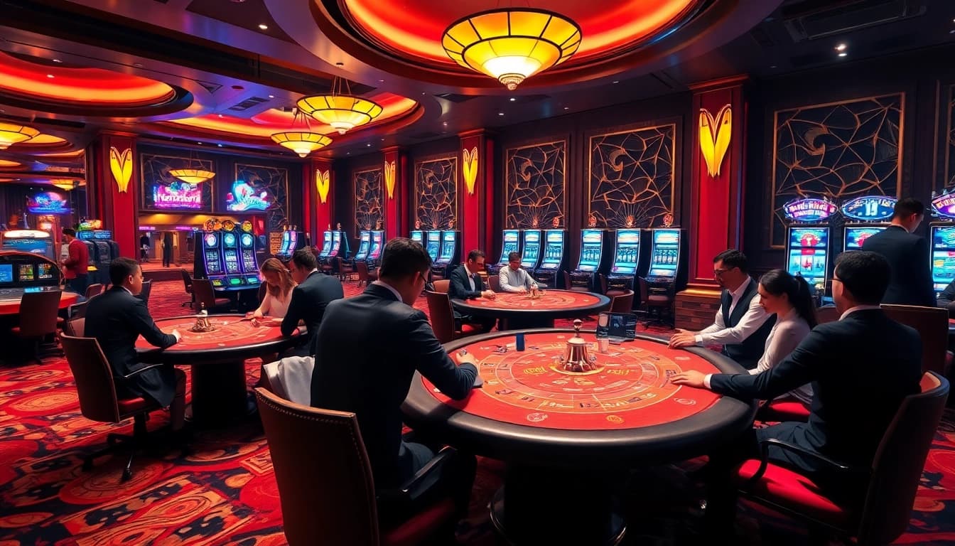Players enjoying high-stakes poker in a luxurious say88 casino setting.