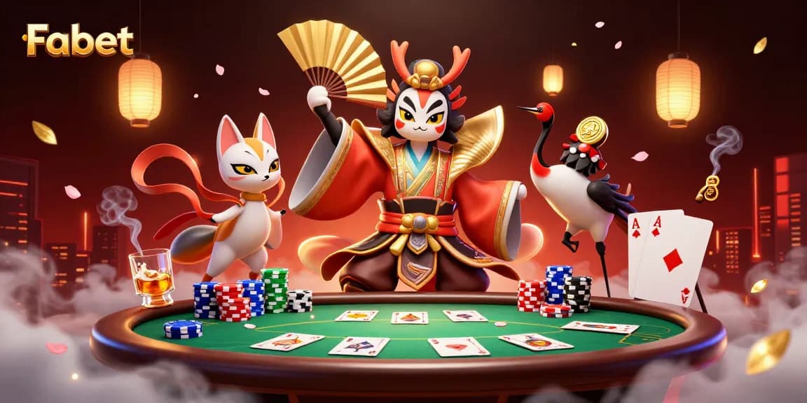Engage in thrilling poker action with Fabet's vibrant 3D illustration featuring kabuki warrior elements.