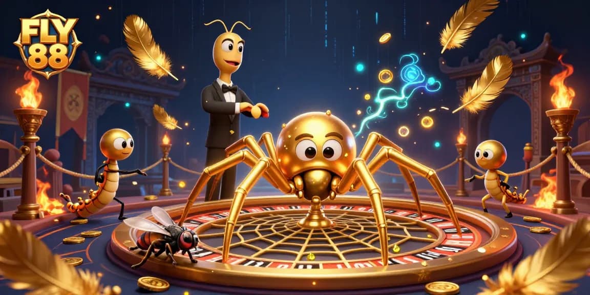 FLY 88 showcases an energetic scene with a golden spider and centipede croupier in vibrant casino action.