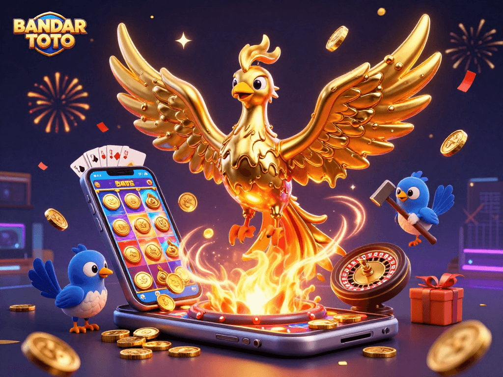 BANDAR TOTO showcases thrilling gaming excitement with a molten phoenix and dynamic casino elements.