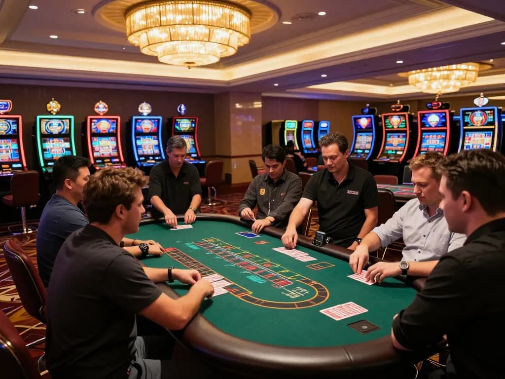 VA88 blackjack players placing bets at a lively casino table with vibrant lighting and luxurious decor.