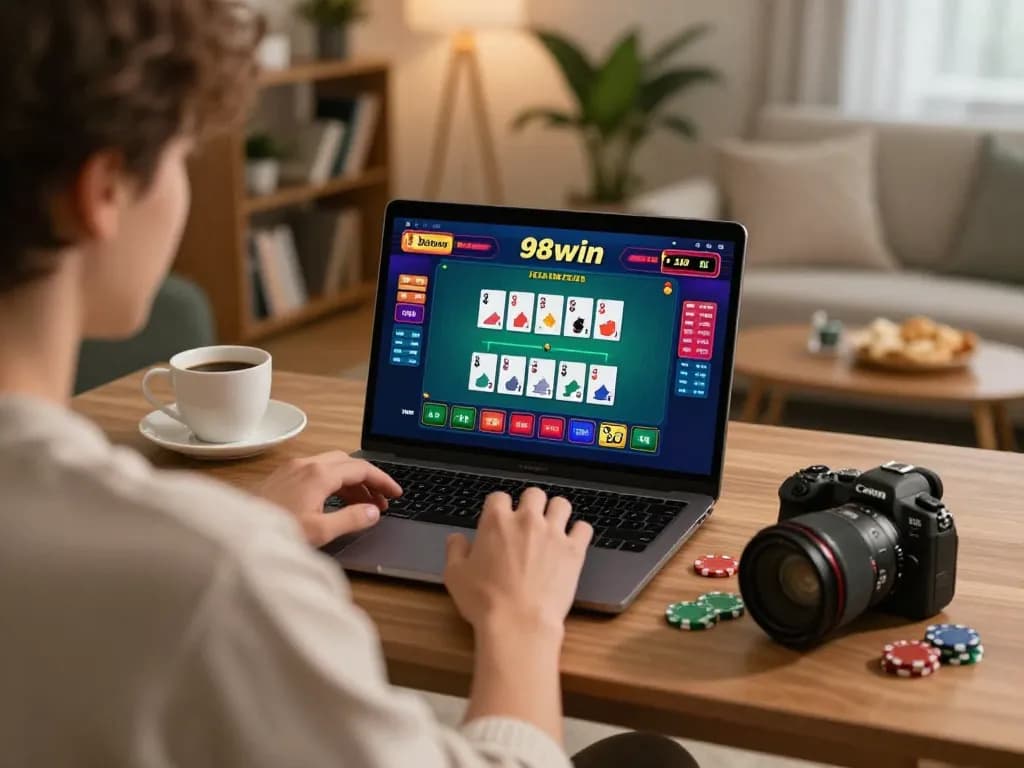 Playing a live dealer blackjack game on 98win's online platform from a cozy home setup