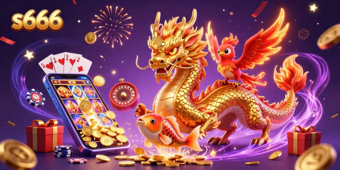 Experience the vibrant action of s666 with a golden dragon, phoenix, and koi in this dynamic casino scene.
