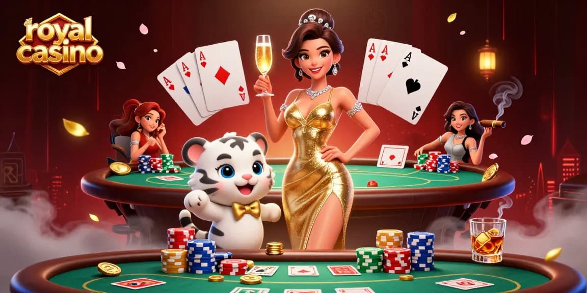 Experience royal casino excitement with a glamorous woman and a lucky tiger cub surrounded by poker elements.