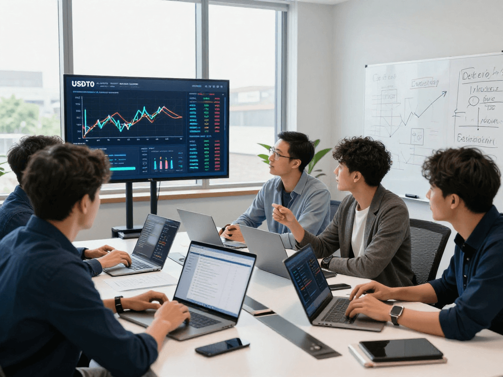 USDT0 cross-chain finance meeting with diverse team analyzing blockchain strategies.