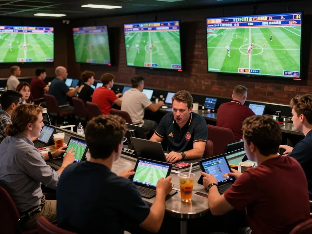 Engaged bettors analyzing kết quả bóng đá in dynamic sports betting scene with screens showing live matches.