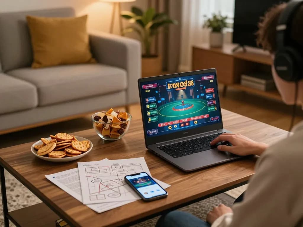 Person enjoying online casino gameplay with rokok88 app on laptop in cozy home setting.