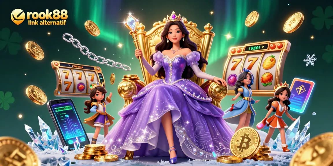 Experience rokok88 link alternatif with a glamorous casino scene showcasing a royal figure among vibrant game elements.
